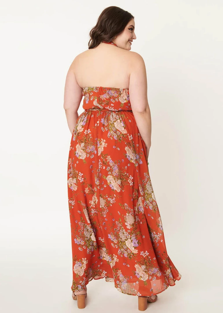 New In Unique Vintage Smak Parlour Budding Romance Floral 70's Maxi Dress Orange