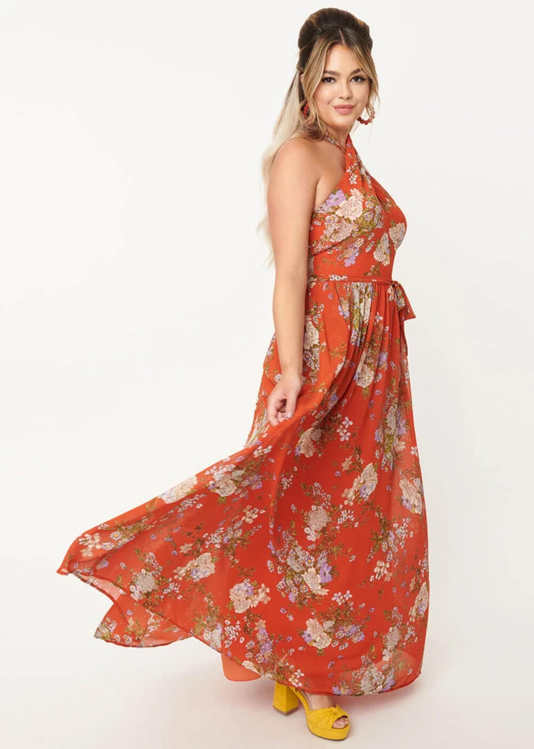 New In Unique Vintage Smak Parlour Budding Romance Floral 70's Maxi Dress Orange