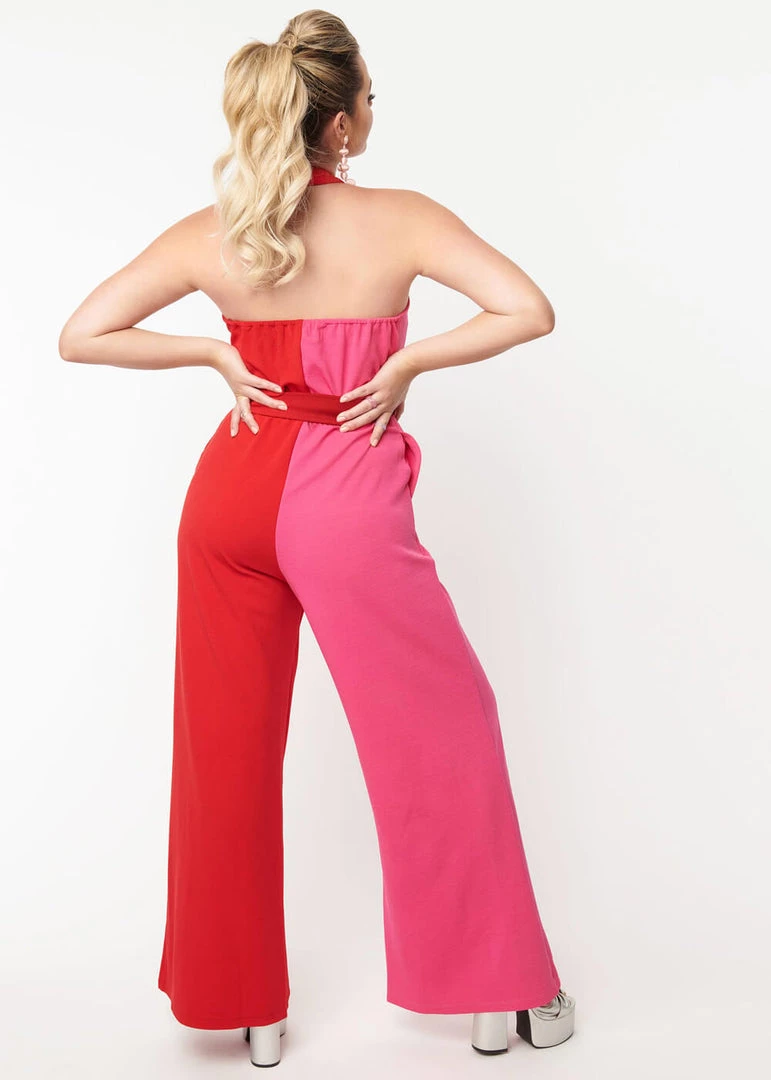 New In Unique Vintage Draped Darling 70's Jumpsuit Red Pink