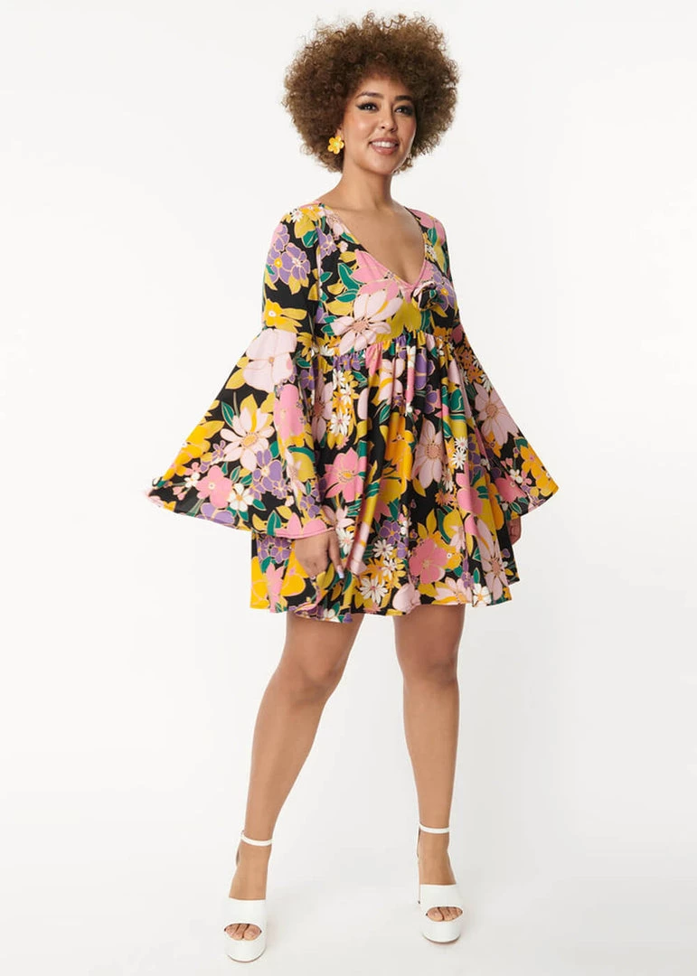 New In Unique Vintage Smak Parlour Aura Floral 60's Babydoll Dress Black