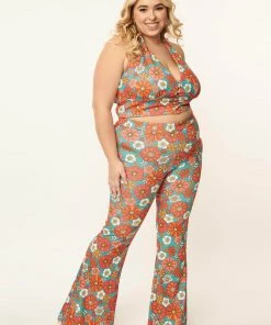 Unique Vintage Smak Parlour Find Your Flare Floral 60's Trousers Teal Pink