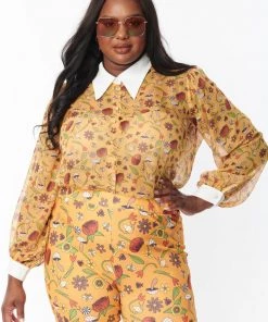 Unique Vintage Smak Parlour Garden Party 60's Blouse Mustard New In