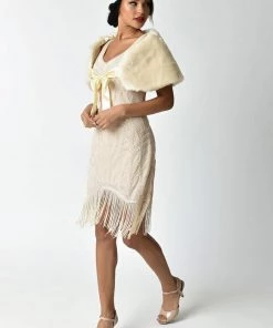 Unique Vintage Faux Fur Shrug Ivory New In