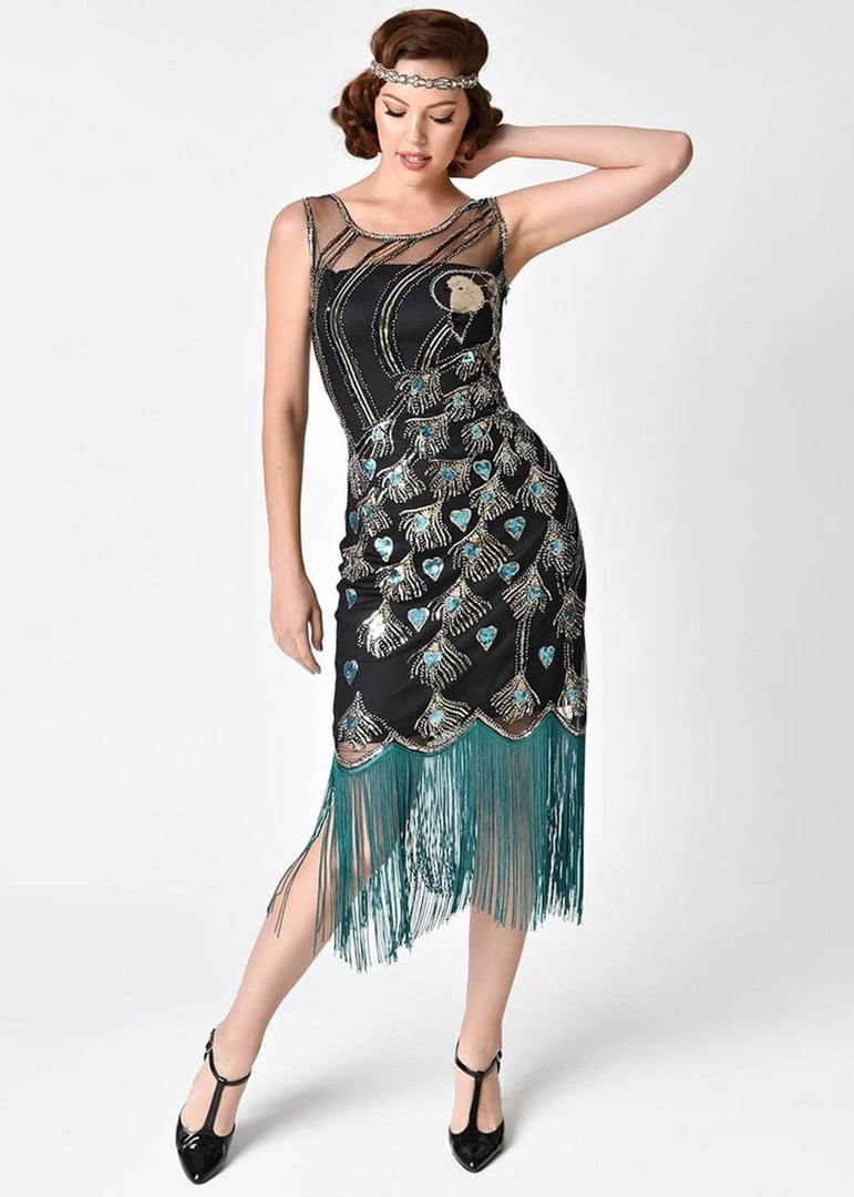 New In Unique Vintage Antoinette Peacock 20’s Flapper Dress Emerald Green