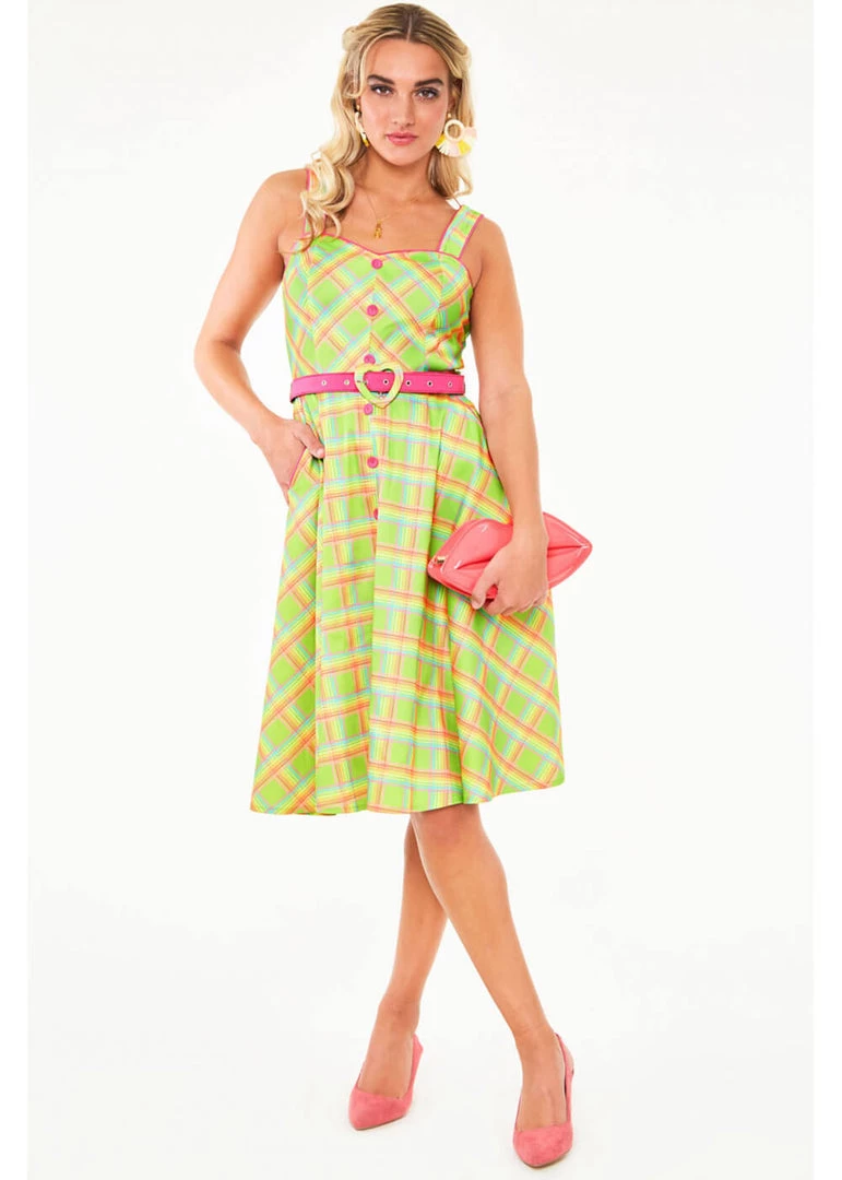 Voodoo Vixen Vita Rainbow Tartan 50's Swing Dress Green