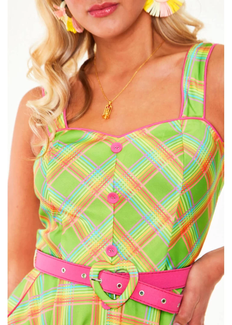Voodoo Vixen Vita Rainbow Tartan 50's Swing Dress Green