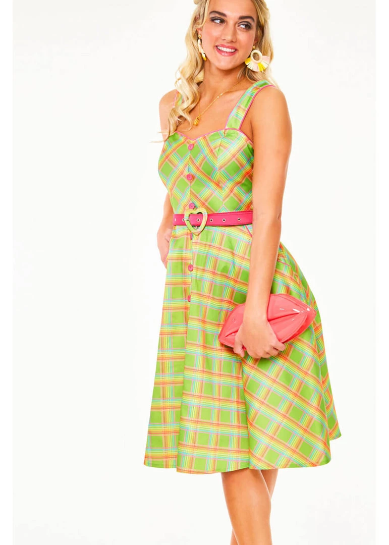 Voodoo Vixen Vita Rainbow Tartan 50's Swing Dress Green