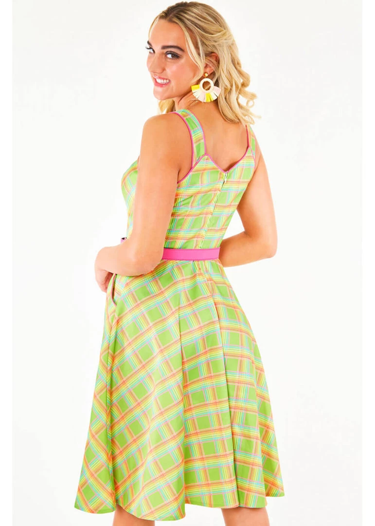 Voodoo Vixen Vita Rainbow Tartan 50's Swing Dress Green
