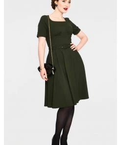 New In Voodoo Vixen Lucia 50's Midi Swing Dress Olive Green