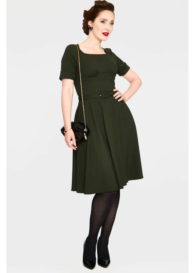 New In Voodoo Vixen Lucia 50's Midi Swing Dress Olive Green