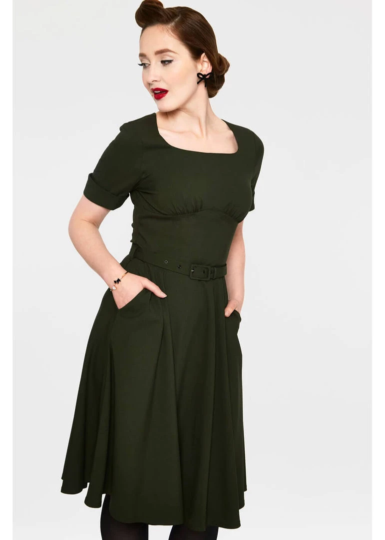 New In Voodoo Vixen Lucia 50's Midi Swing Dress Olive Green