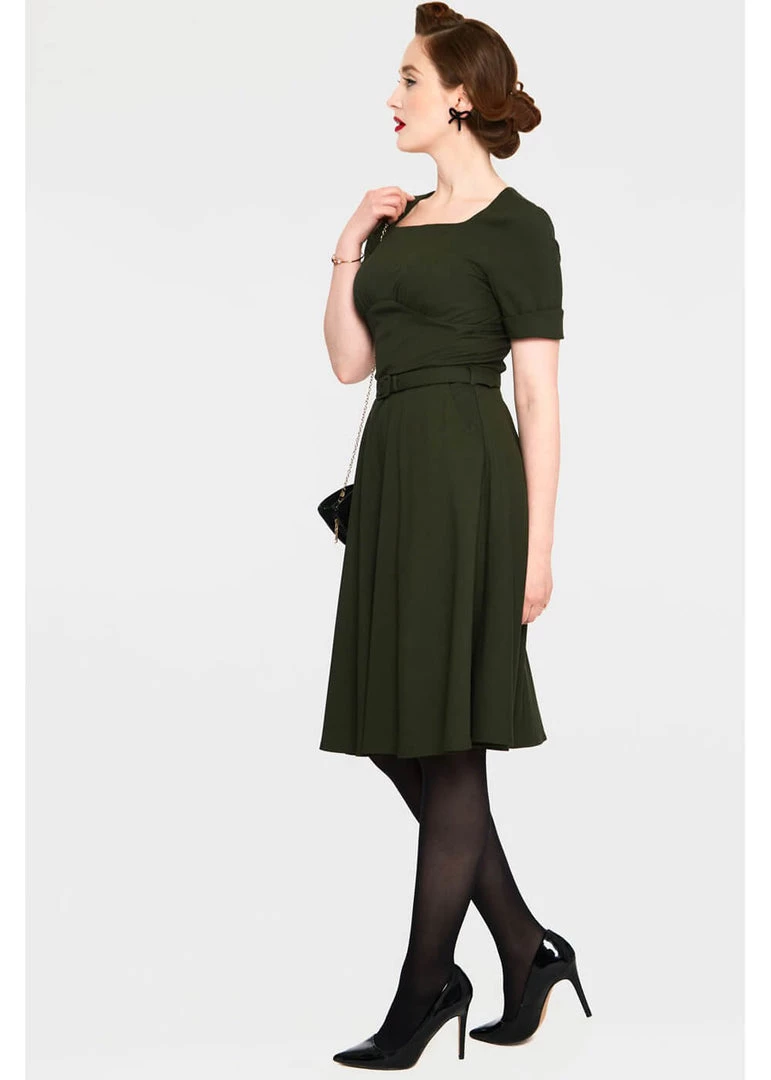 New In Voodoo Vixen Lucia 50's Midi Swing Dress Olive Green
