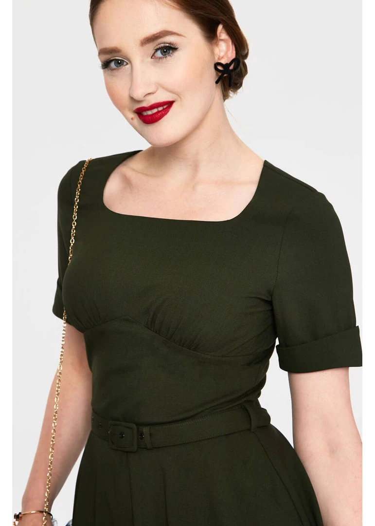 New In Voodoo Vixen Lucia 50's Midi Swing Dress Olive Green