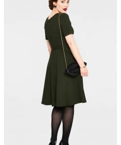 New In Voodoo Vixen Lucia 50's Midi Swing Dress Olive Green