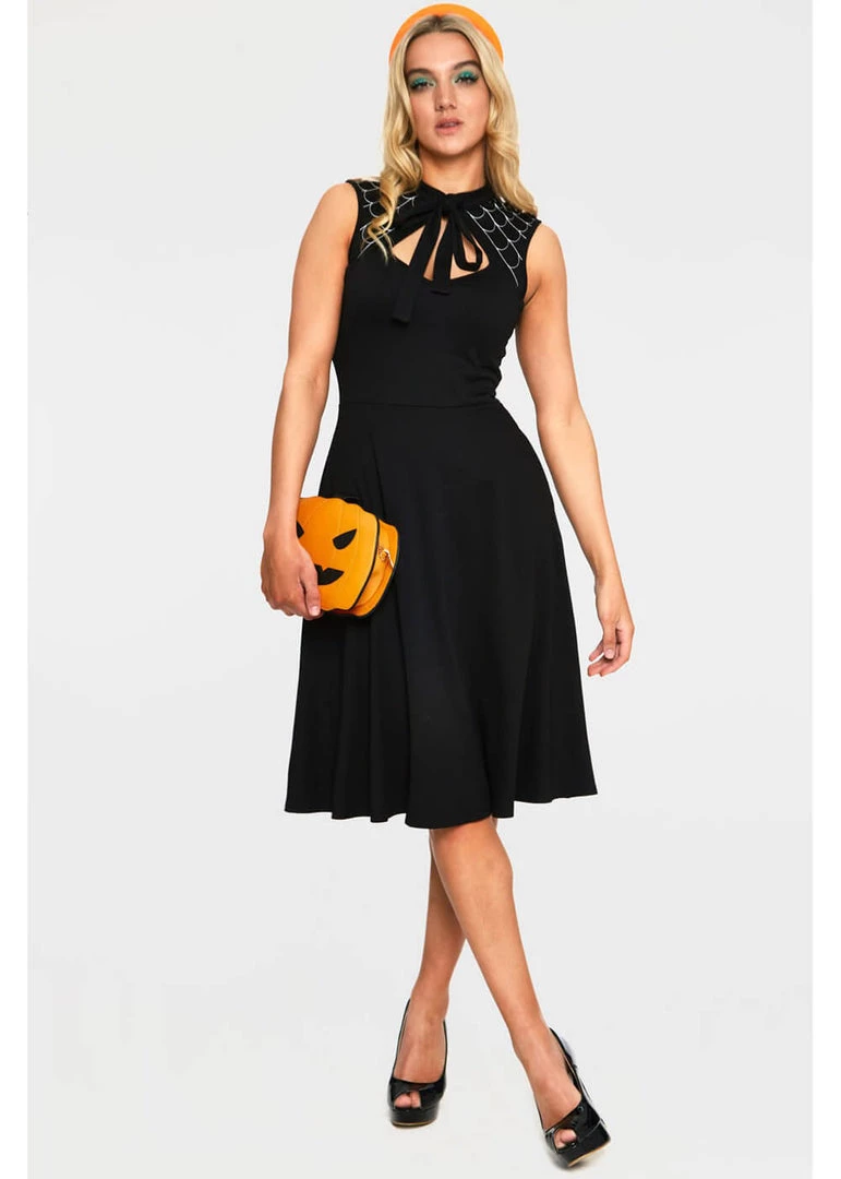 Voodoo Vixen Skye Spider Web 50's Swing Dress Black