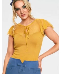 New In Voodoo Vixen Samantha Mesh 50's Top Mustard