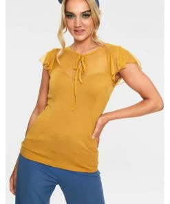New In Voodoo Vixen Samantha Mesh 50's Top Mustard